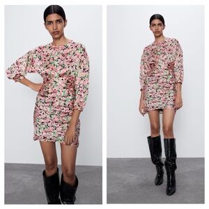 Zara Small Pink Floral Print Bodycon Ruched Mini Dress Tie Waist